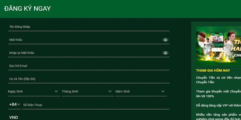 Người chơi cung cấp thông tin vào biểu mẫu đăng ký theo yêu cầu